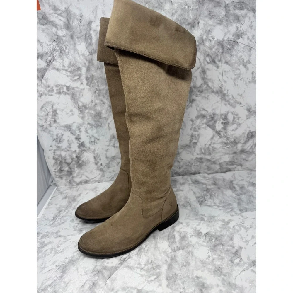 Frye‎ Melissa Over The Knee Boots Tan Suede Boho fold Over Cuff Tall Flat Boot